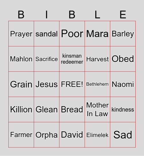 Ruth and Naomi Bingo Card