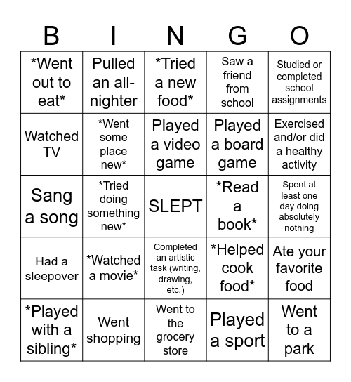 February Break Bingo Card