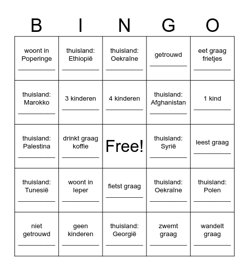 Kennismaking bingo Card