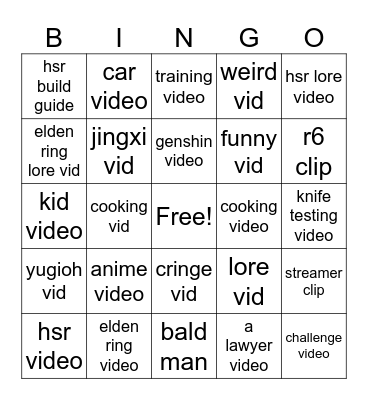 shorts/reels bingo Card