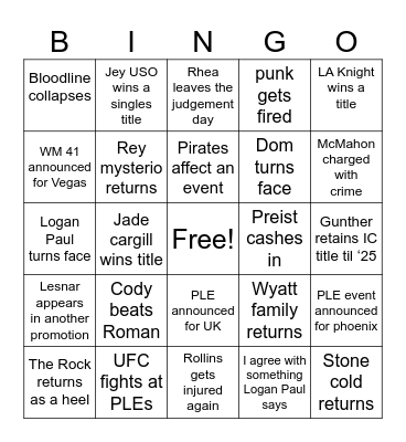 WWE 2024 Bingo Card