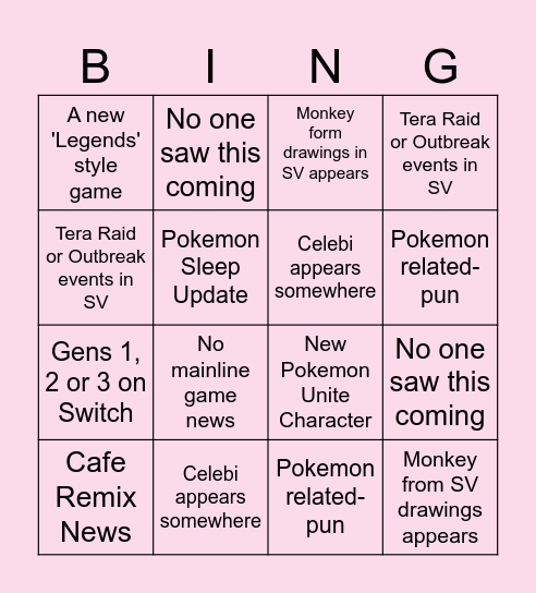 Pokemon Direct Bingo Card