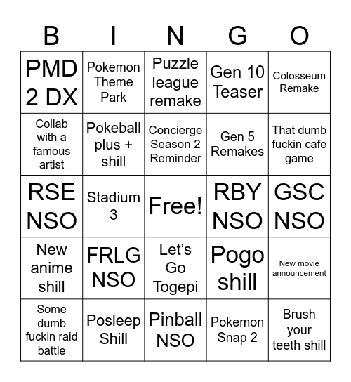 Pokemon Presents Bingo Card