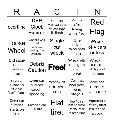 NASCAR BINGO Card