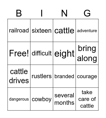 The American Cowboy Bingo Card