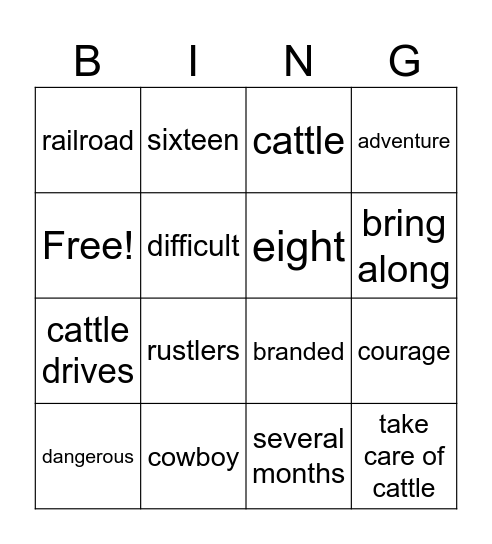 The American Cowboy Bingo Card