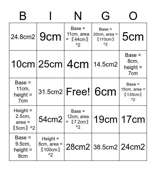 AREA OF TRIANGLE Bingo Card