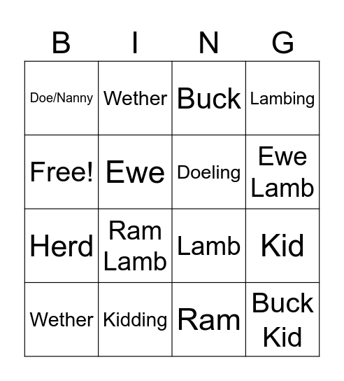 Sheep and Goat Terminology Bingo Card