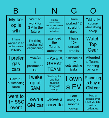General Motors BINGO Card