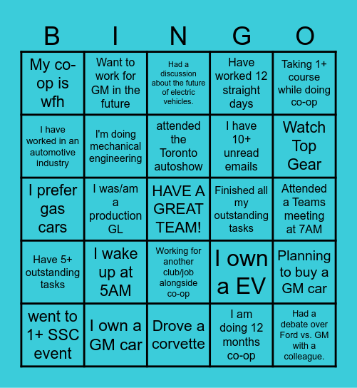 General Motors BINGO Card