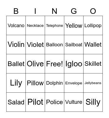 Middle “L” Bingo Card