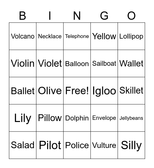 Middle “L” Bingo Card