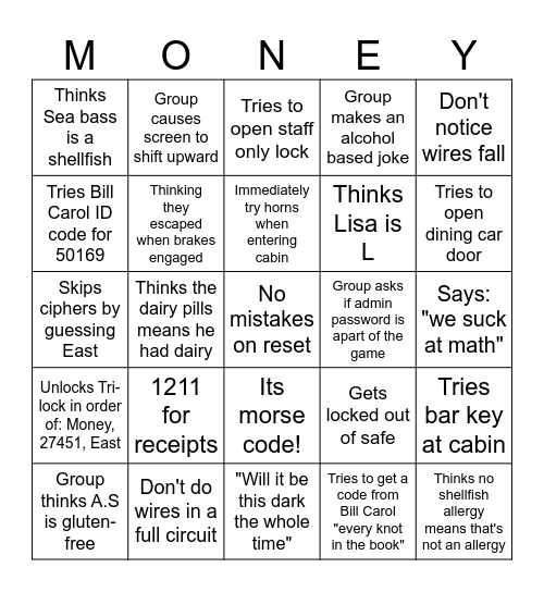 Runaway Train Bingo Card