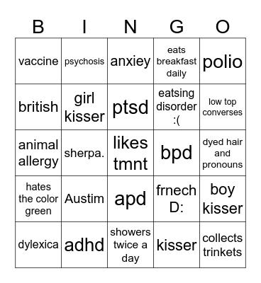 mental illness Bingo Card