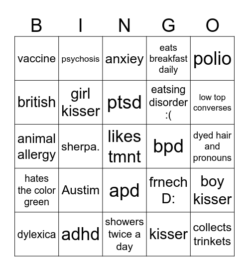 mental illness Bingo Card