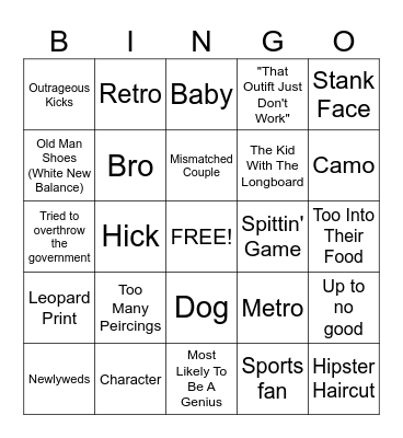 PEOPLE WATCHING BINGO!!!!!!!! Bingo Card