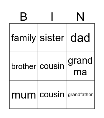 Auslan family Bingo Card