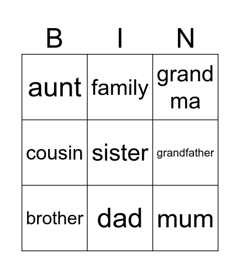 Auslan family Bingo Card