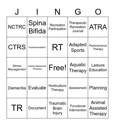 Recreational Therapy Month Celebration Bingo Card