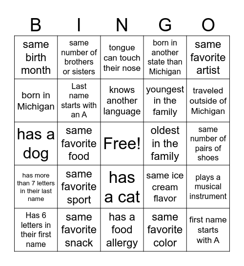 Get to Know You Bingo Card