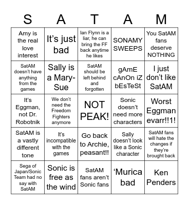 Sonic Fan Excuses Bingo Card