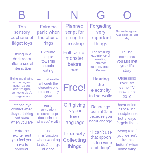 Audhd Bingo ( not a diagnostic tool) Bingo Card