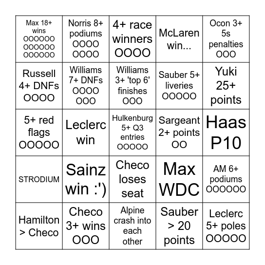 F1 2024 Bingo Card