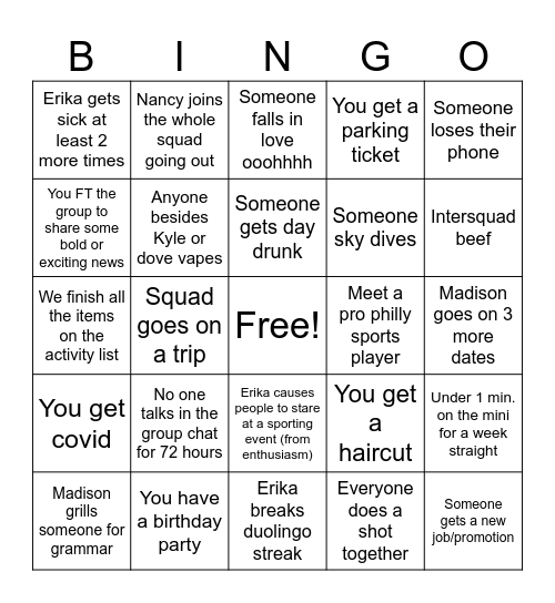 Squad Bingo Card