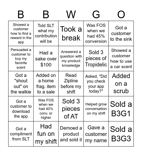 BBWGO Contest! (Selling Floor Edition) Bingo Card