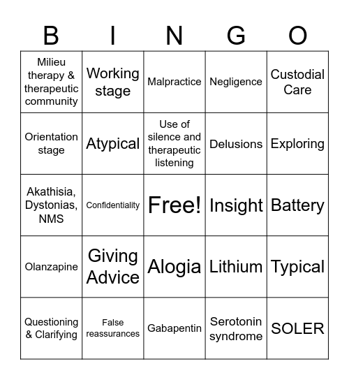 NSG 451 Exam 1 Prep Bingo Card