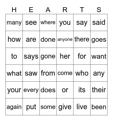 Heart Word Bingo Card