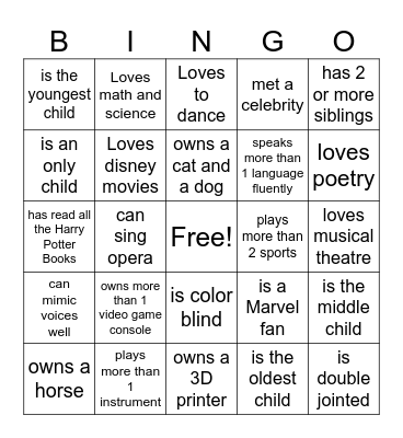 Meet Your Classmates Bingo Card
