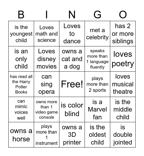 Meet Your Classmates Bingo Card