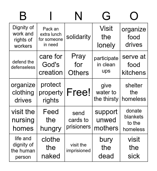 Catholic Social Teaching Bingo Card