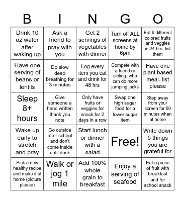 Healthy Challenge Bingo Card