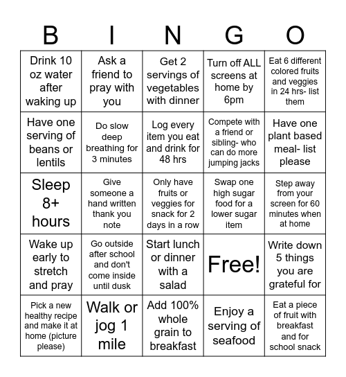 Healthy Challenge Bingo Card