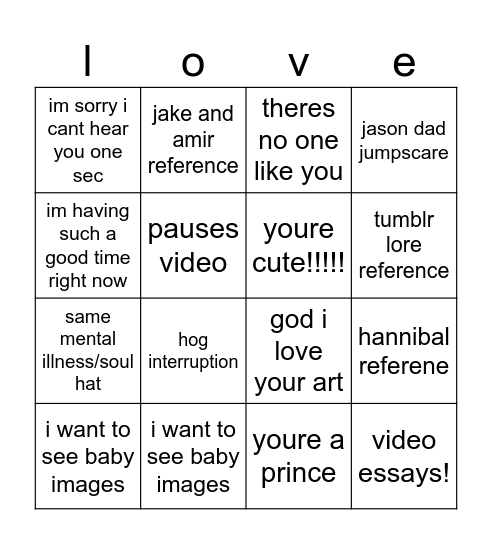 natalie calls jason Bingo Card