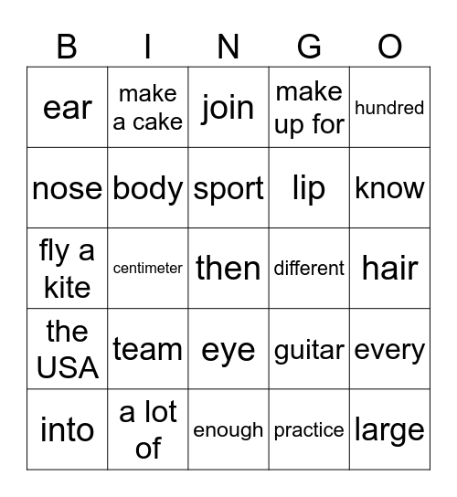 L1Vocabulary Bingo Card