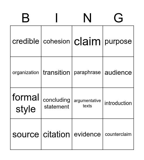 Argument Writing Vocabulary Bingo Card