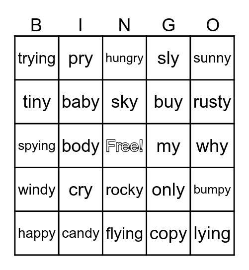 Tricky Y Bingo Card
