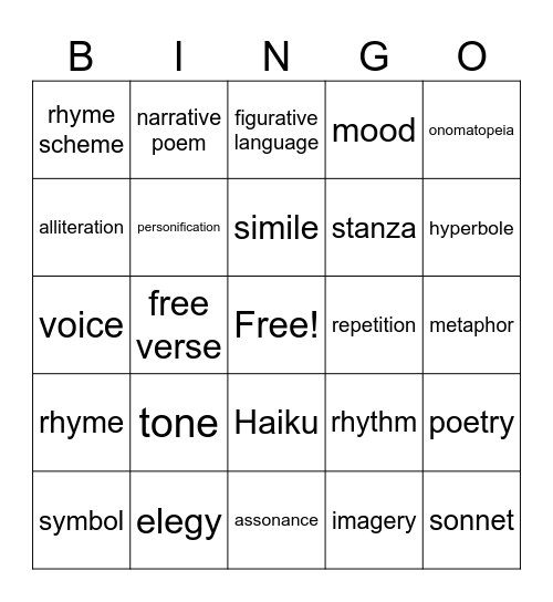 Poetry Bingo Card