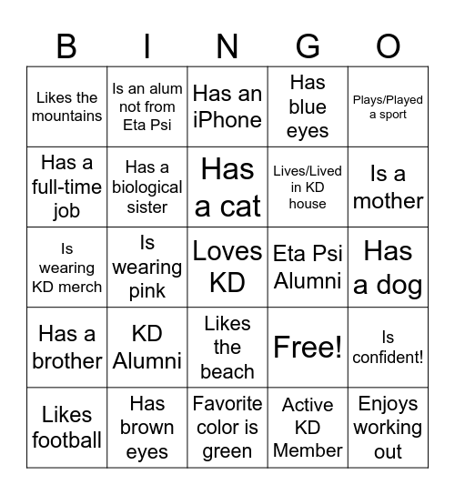 KD Bingo Card