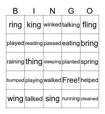 Inflectional Endings Bingo Card