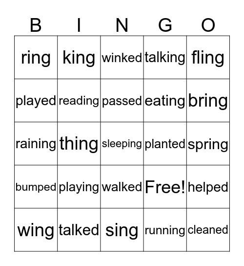 Inflectional Endings Bingo Card