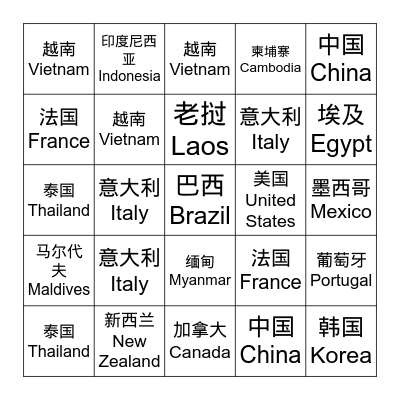 A Night Around The World Bingo Card