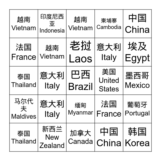 A Night Around The World Bingo Card