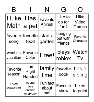 Get to know me! Bingo Card