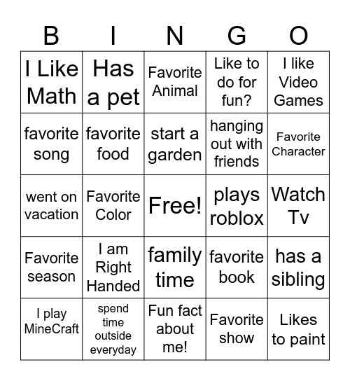 Get to know me! Bingo Card