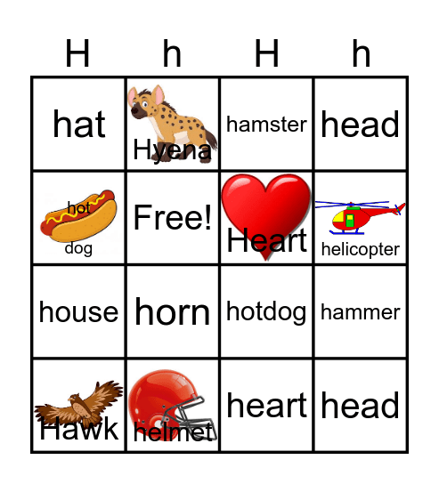 Letter H Bingo Card