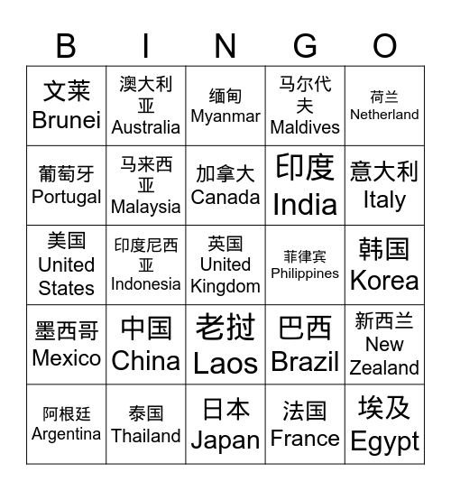 A Night Around The World Bingo Card